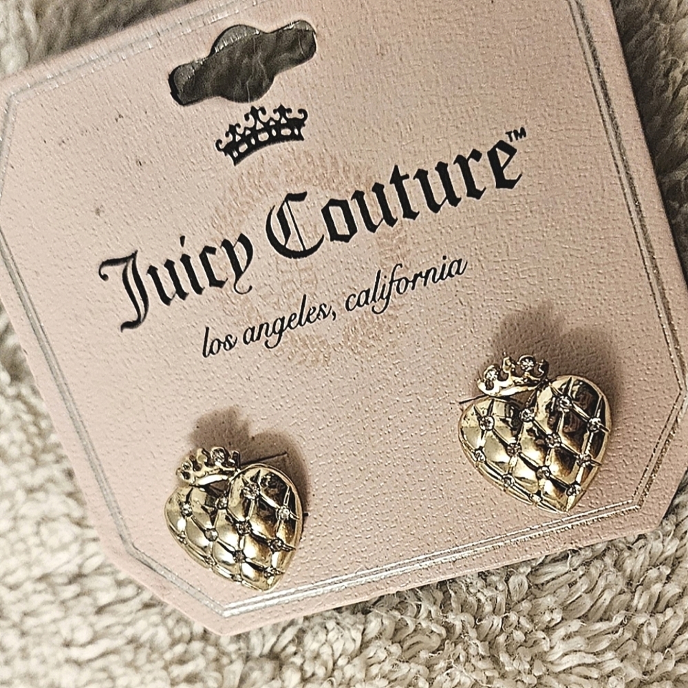 Juicy Couture 3D Puff Hearts Pearls Earrings Stud Post Disc Push Back NWT Crowns